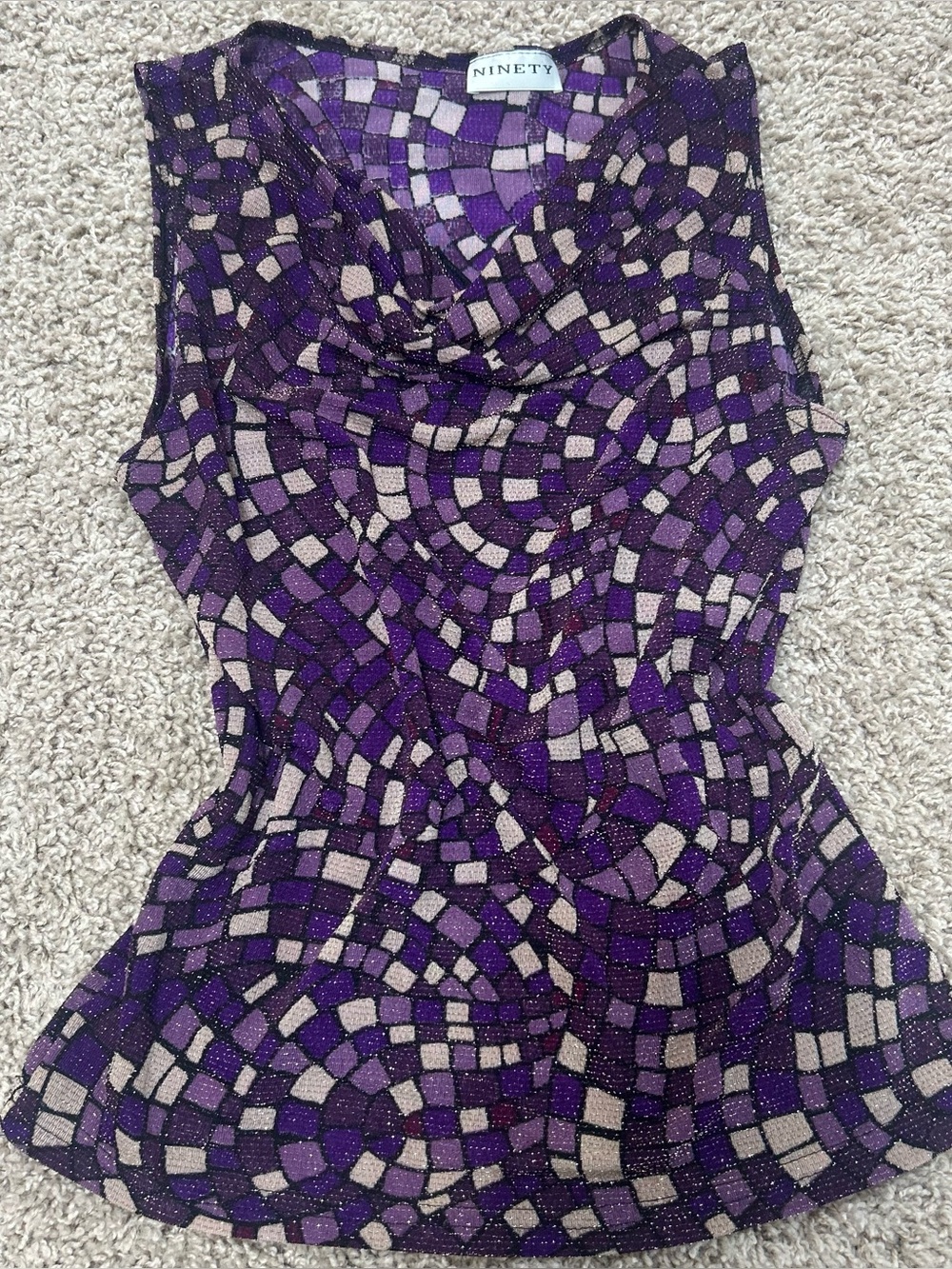 Ninety Purple and Cream Mosaic Cowl Neck Top